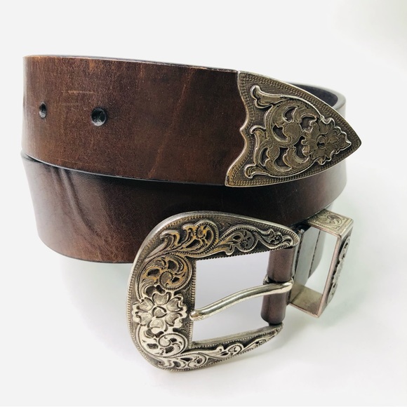 Silpada Designs Genuine Italian Brown Leather Belt M Silver Metal Buckle Cowboy - Picture 5 of 9